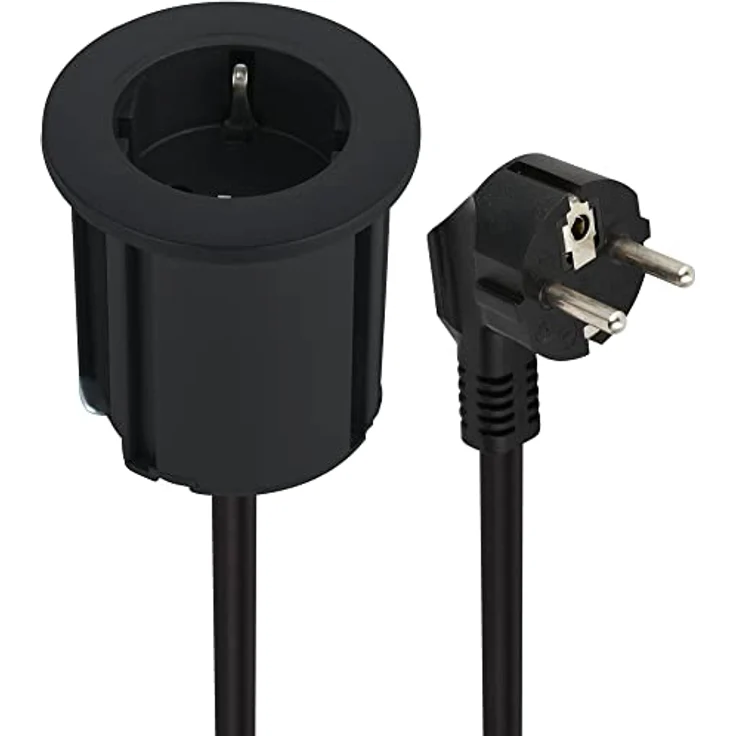 Electraline 62564 Tischplatte Grommet Einbausteckdose mit Schuko-Steckdose, 2m Kabel, D 54mm, Schwarz, inklusive Adapter für 60mm Standardlöcher – Bild 1