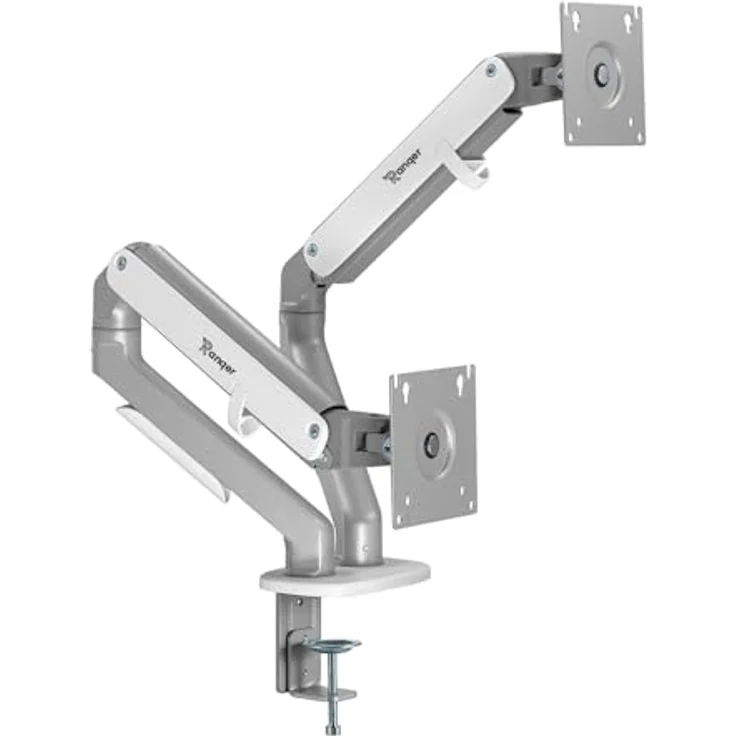 Ranqer Monitorhalterung Pro Dual, 2 Monitore, 17-35 Zoll, VESA 75 & 100 mm, Höhenverstellbar, 360° Rotation, Weiß – Bild 3
