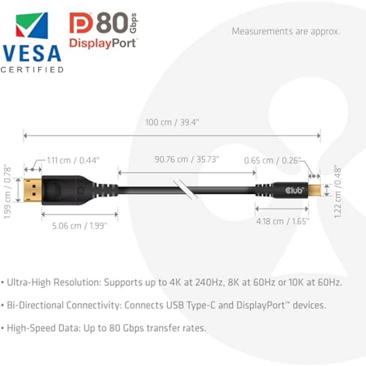 Club 3D CAC-2502 USB-C Verlängerungskabel, USB-C (m/w) 1 m, 48 V, 5 A, 8K60Hz Unterstützung, Schwarz – Bild 5