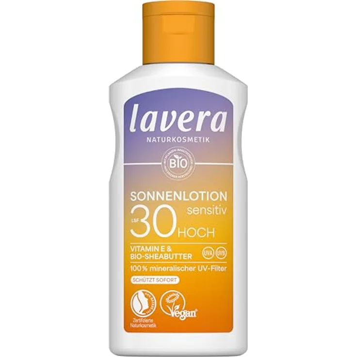 lavera Sonnenlotion Sensitiv LSF 30, Sonnencreme ohne chemische UV-Filter für sensible Haut, vegan, wasserfest, 100 ml