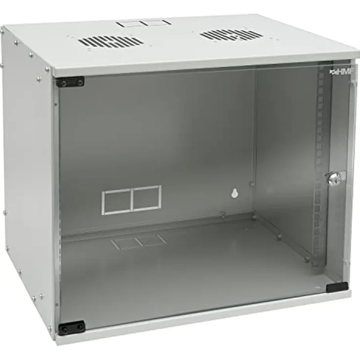 HMF 65709-07 Netzwerkschrank, Serverschrank 19 Zoll | 9 HE | 400 mm Tiefe | Glastür | Lichtgrau