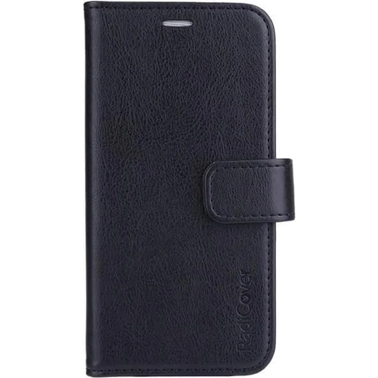 Radicover Radiationprotected Mobilewallet iPhone 13 Mini, Flipcover Schwarz mit Strahlenschutz, 3 Kreditkartenfächer und Magnetverschluss