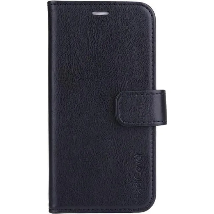 Radicover Radiationprotected Mobilewallet iPhone 13 Mini, Flipcover Schwarz mit Strahlenschutz, 3 Kreditkartenfächer und Magnetverschluss