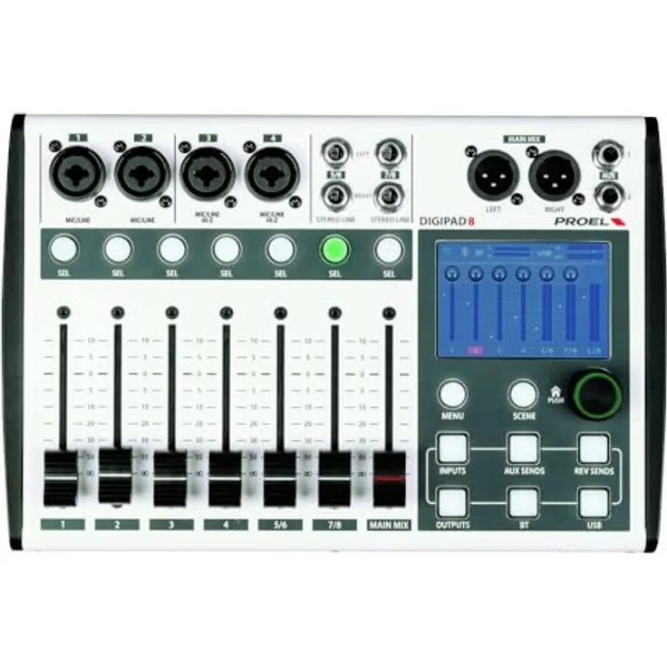 Proel Digipad 8, Digitaler 8-Kanal Mixer mit USB/BLUETOOTH Interface, 7 motorisierten Fadern und 3" Touchdisplay