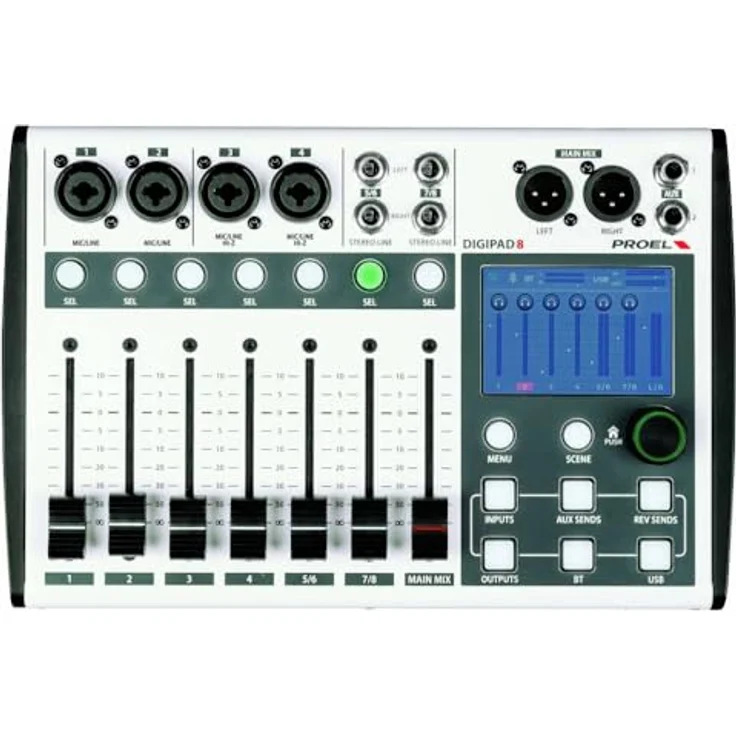 Proel Digipad 8, Digitaler 8-Kanal Mixer mit USB/BLUETOOTH Interface, 7 motorisierten Fadern und 3" Touchdisplay – Bild 1