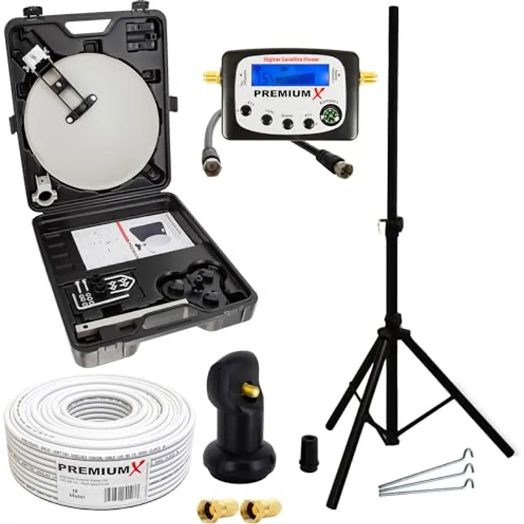 PremiumX Camping Satelliten-Anlage Mobile Antenne im Koffer Single LNB TV SAT-Finder 10m Koaxial-Kabel F-Stecker Dreibein Stativ, wettergeschütztes LNB mit niedrigem Rauschmaß, HD/4K/3D Unterstützung, stabiles Teleskoprohr-Stativ in Stahl, 3 Zeltheringe