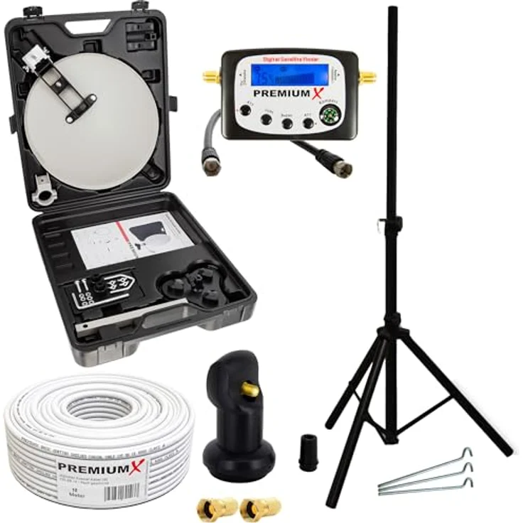 PremiumX Camping Satelliten-Anlage Mobile Antenne im Koffer Single LNB TV SAT-Finder 10m Koaxial-Kabel F-Stecker Dreibein Stativ, wettergeschütztes LNB mit niedrigem Rauschmaß, HD/4K/3D Unterstützung, stabiles Teleskoprohr-Stativ in Stahl, 3 Zeltheringe – Bild 1