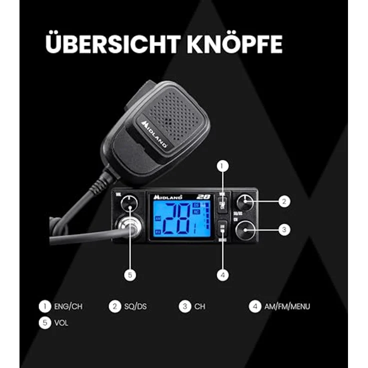 Midland 28 CB C1563, CB-Funkgerät mit 2"-LCD-Display, digitaler Rauschsperre und 12/24 V-Versorgung, sieben Farben wählbar – Bild 6