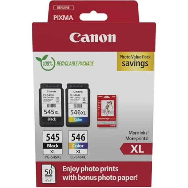 Canon PG-545XL/CL-546XL Tintenpatrone, hohe Reichweite in Schwarz und Farbe, inkl. Fotopapier Value Pack – Bild 1