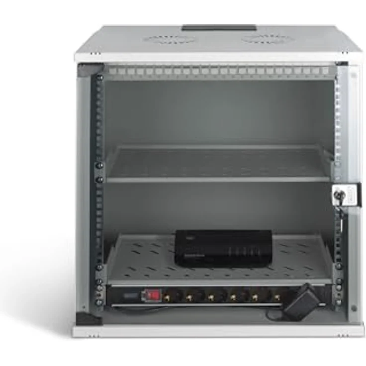 DIGITUS 19 Zoll Netzwerk-Set, 12HE Netzwerkschrank mit 2 Fachböden, 24-Port Patch Panel, 24 Keystone Module, 30 Patchkabel, Steckdosenleiste, unmontiert, SOHO PRO-Serie, Grau – Bild 2