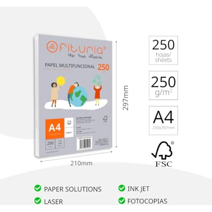 OFITURIA DIN A4 Druckerpapier, 250 Blätter, 250g/m², weiß, multifunktional für Laser- und Tintenstrahldrucker, FSC-zertifiziert – Bild 2