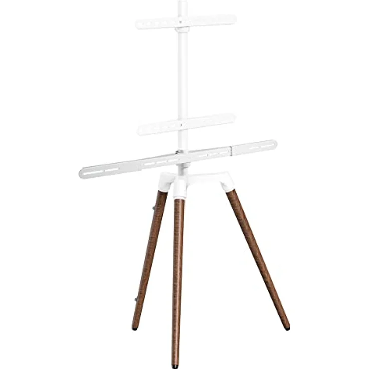 SCHWAIGER 658217 TV Ständer Staffelei Holz Bodenstativ Halterung für Flachbildschirme bis 65 Zoll max. 35kg mit Soundbarhalter weiß/Nussbaum echtes Holz Luxus Premium – Bild 1