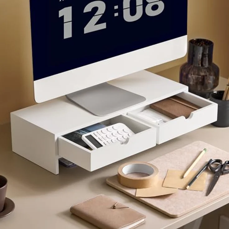 SoBuy Monitor-Halterung BBF02, Bildschirmständer aus MDF und Bambus, bis 10kg belastbar, in Weiß/Schwarz/Natur – Bild 2
