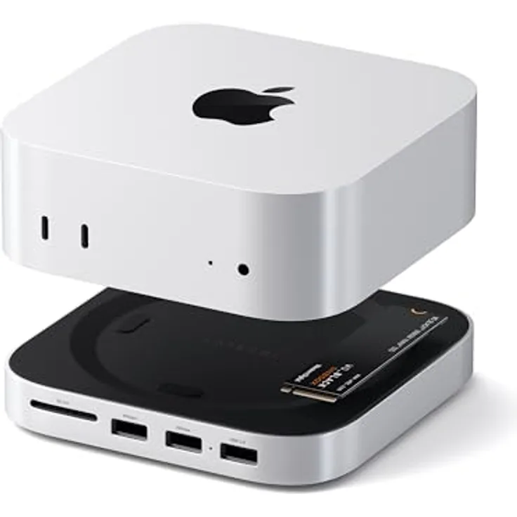 SATECHI Mac Mini M4 Hub & Stand mit NVMe SSD-Gehäuse – 5-in-1 Dock mit 2x USB-A 10 Gbps, Datenport, SD-Kartenleser – Silber