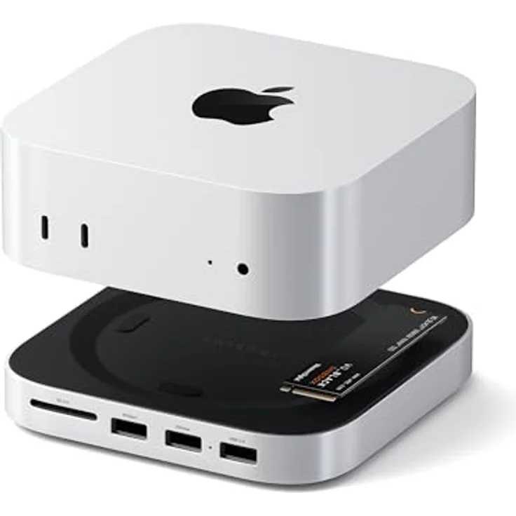SATECHI Mac Mini M4 Hub & Stand mit NVMe SSD-Gehäuse – 5-in-1 Dock mit 2x USB-A 10 Gbps, Datenport, SD-Kartenleser – Silber – Bild 1