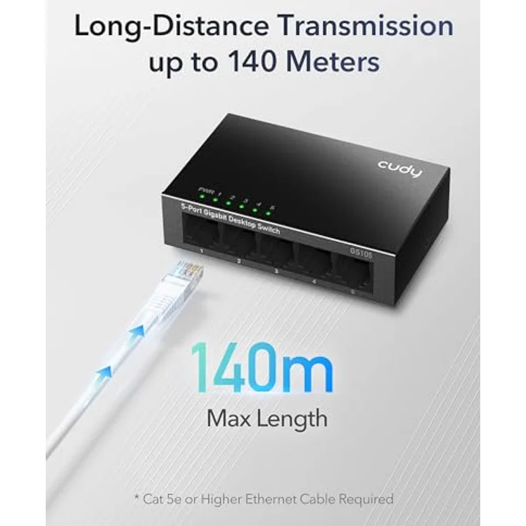 Cudy GS105 Ethernet Switch Gigabit 5 Ports 10/100/1000Mbps Ethernet Hub Plug & Play, Metallgehäuse – Bild 3