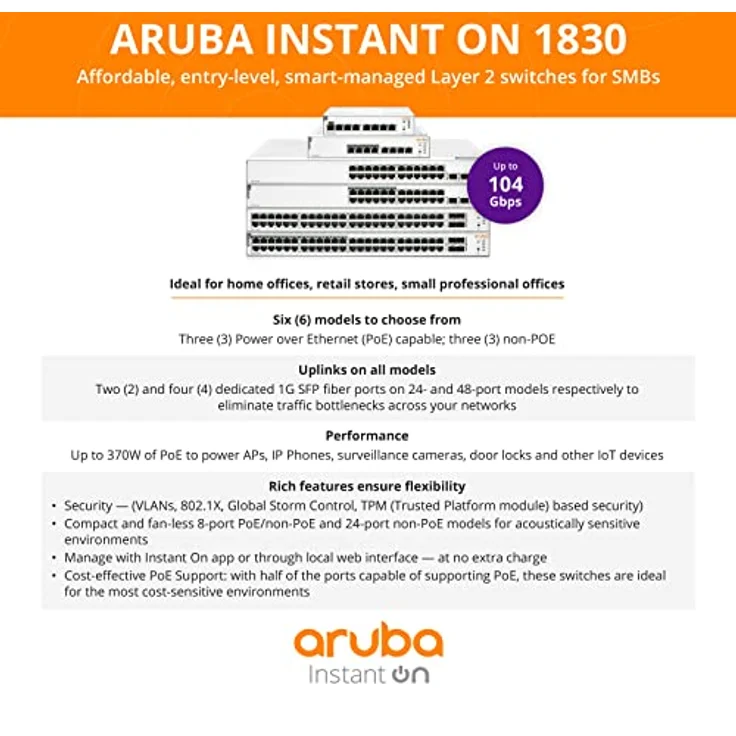 Aruba Instant On 1830 8-Port Gb Smart-Managed Layer 2 Ethernet Switch with PoE | 8X 1G | 4X CL4 PoE (65W) | Fanless | EU Cord (JL811A#ABB) – Bild 4