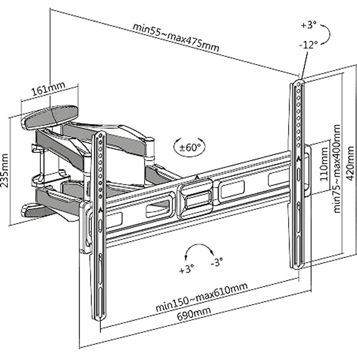 CAVO Motion TV Wandhalterung für 37-80 Zoll Bildschirme bis 45 kg, Max VESA 600 x 400 mm Schwenkbar Neigbar Universal Halterung für Flach & Curved Fernseher & Monitor – Bild 5