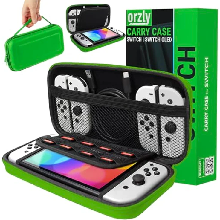 Orzly Tragetasche für Nintendo Switch und New Switch OLED - Grüne, harte Reisetasche mit Fächern für Zubehör und Spiele – Bild 1