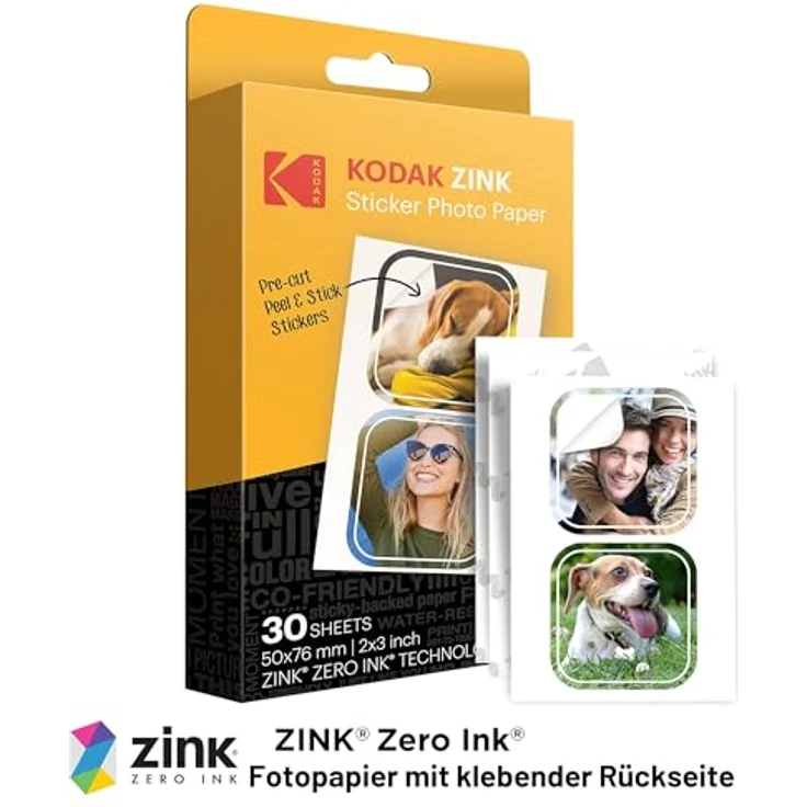 Kodak Premium Zink Fotopapier 5,1 x 7,6 cm, vorgeschnittene Aufkleber, 30 Blatt, wasserbeständig und reißfest, Weiß kompatibel mit Kodak Step Drucker – Bild 2
