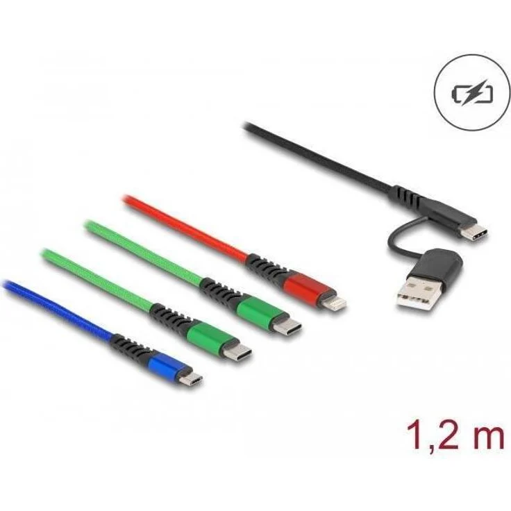 DELOCK USB Ladekabel 4 in 1, USB-A + USB-C zu Lightning/Micro-USB, 1,2 m, schwarz/blau/grün/rot – Bild 1