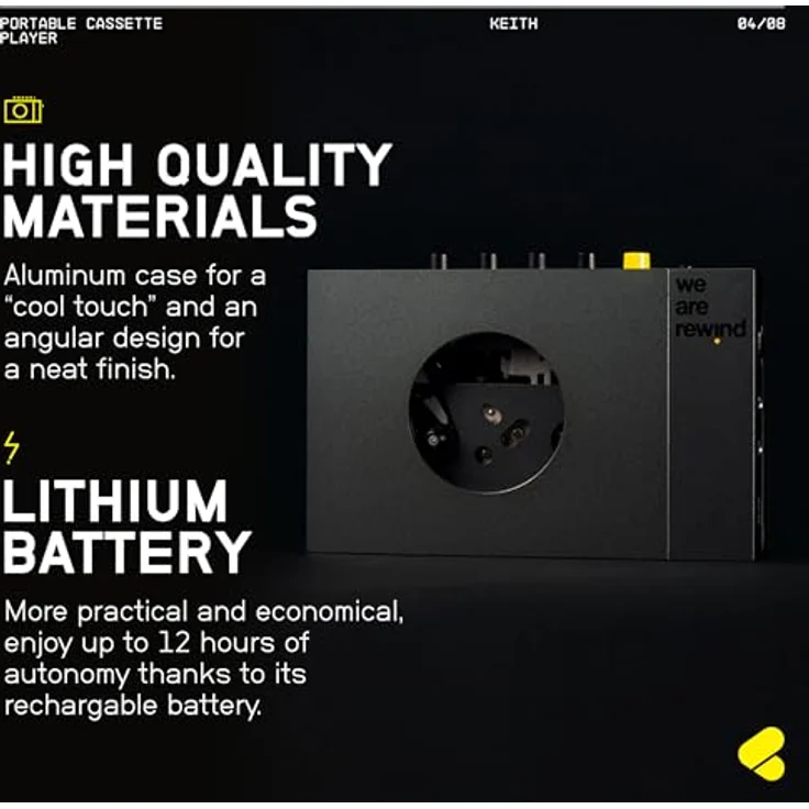 We Are Rewind Tragbarer Kassettenspieler mit Bluetooth, Keith - Bluetooth 5.1, Aluminiumgehäuse, 12-Stunden-Lithium-Batterie – Bild 4