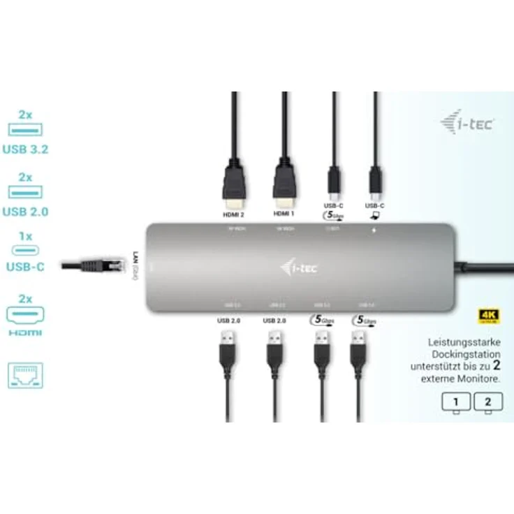 iTEC USB-C Metal Nano 2x Display Docking Station + Power Delivery 100 W, Aluminiumgehäuse, schwarz – Bild 2