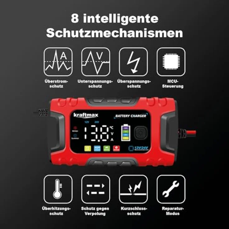 Kraftmax BC-600 Ladegerät 12V/24V, max. 10A für Blei-Säure und LiFePO4 Batterien – Bild 3