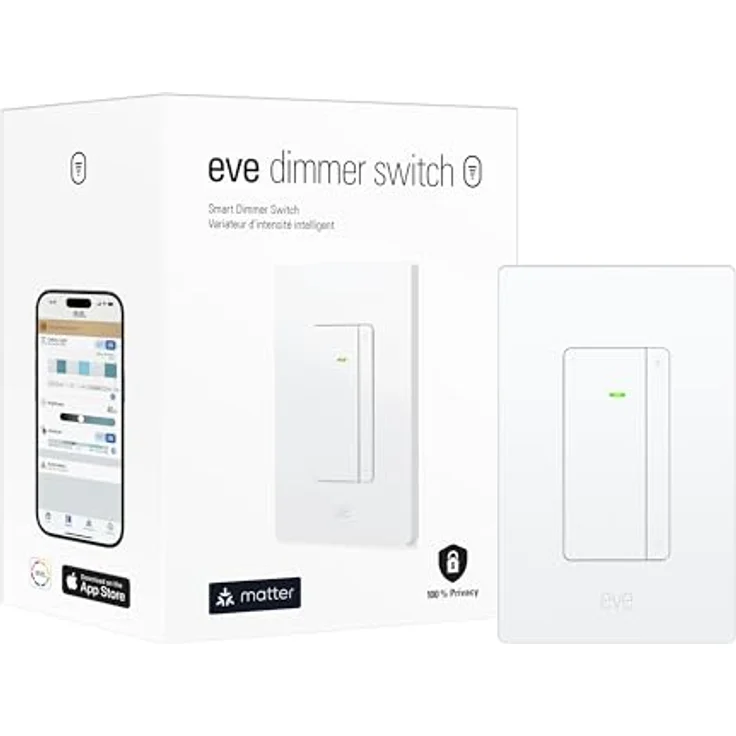 Eve Dimmer Schalter (Matter) - Smart Dimmer für Apple Home/Alexa/Google Home/SmartThings, einpolig & 3-Wege-Kompatibel, flimmerfreies Dimmen, benötigt Gewinderand-Router und Neutraldraht – Bild 1