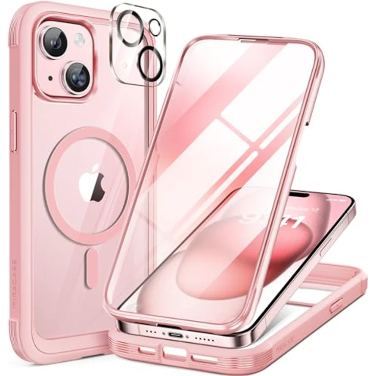 Miracase 360 Grad Hülle für iPhone 15 Plus, Magsafe Komplettschutz mit 9H Glas Displayschutz, 360° Ganzkörperschutz, Rosa – Bild 1