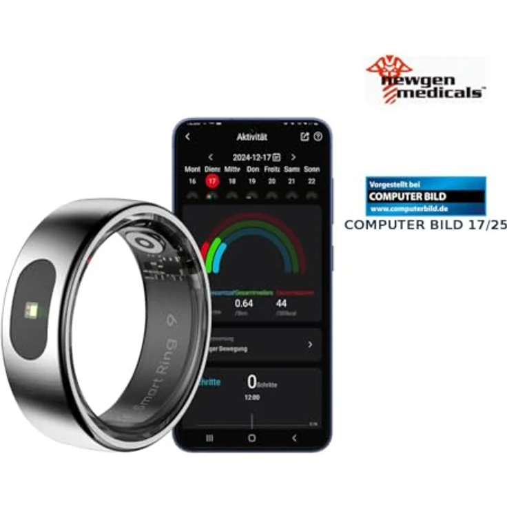 Newgen Medicals Fitness-Smart-Ring FRI-101, Fitnesstracker-Ring mit Touch-Bedienung, Herzfrequenz-, SpO2- und Temperaturmessung, wasserdicht bis 5 ATM, Größe 68, silber gebürstet – Bild 2