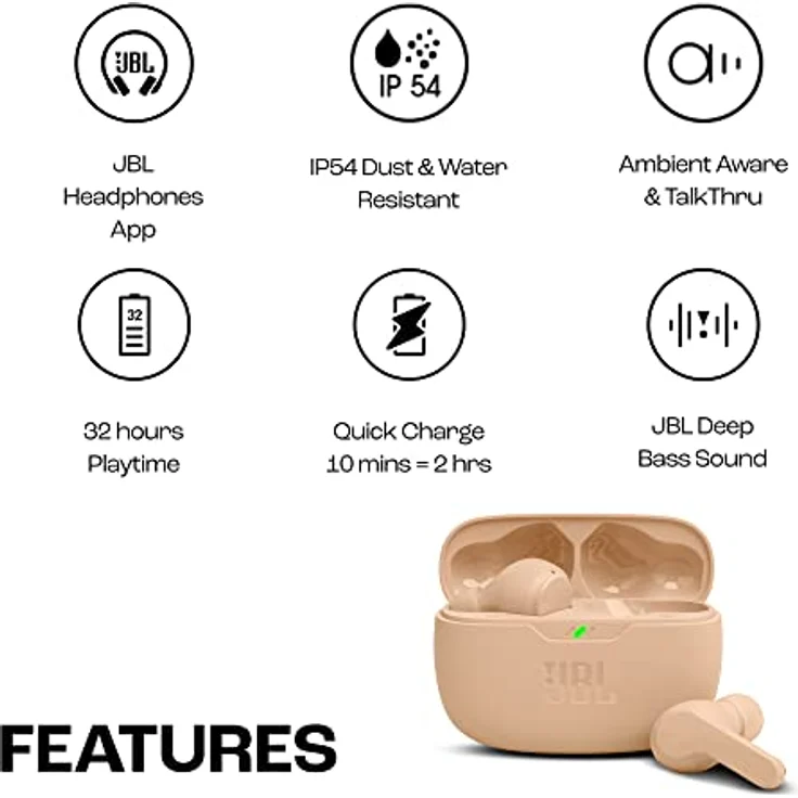 JBL Wave Beam – Kabellose In-Ear Ohrhörer mit IP54 und IPX2 Wasserdichtigkeit – Freisprechfunktion und 32 Stunden Akkulaufzeit – In Beige – Bild 2