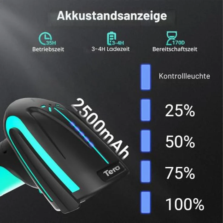 Tera Pro 3 in 1 Barcodescanner 1D/2D QR, kabellos Bluetooth & USB-C, 2500mAh Akku, exzellente Fallfestigkeit IP66, blau – Bild 2