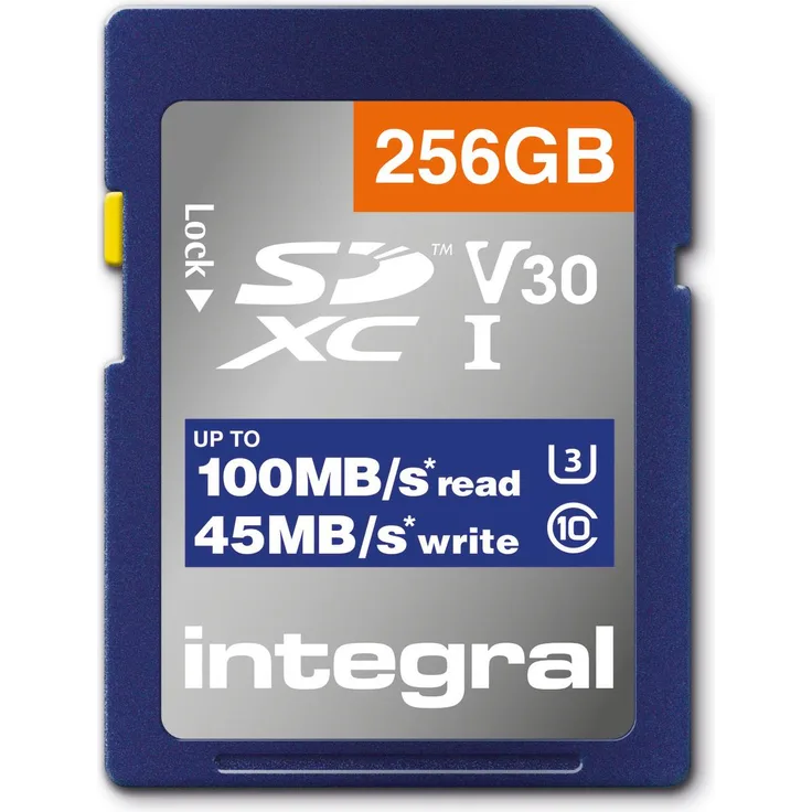 Integral INSDX256G-100V30 256GB SD CARD SDXC UHS-1 U3 CL10 V30 UP TO 100MBS READ 45MBS WRITE (SD, 256 GB, U3, UHS-I), Speicherkarte