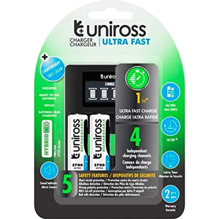 Uniross Ultra Fast Schnellladegerät für AA / HR6 und AAA / HR03 Batterien, USB-Stromversorgung mit 4 AA 2700mAh wiederaufladbaren Batterien – Bild 1