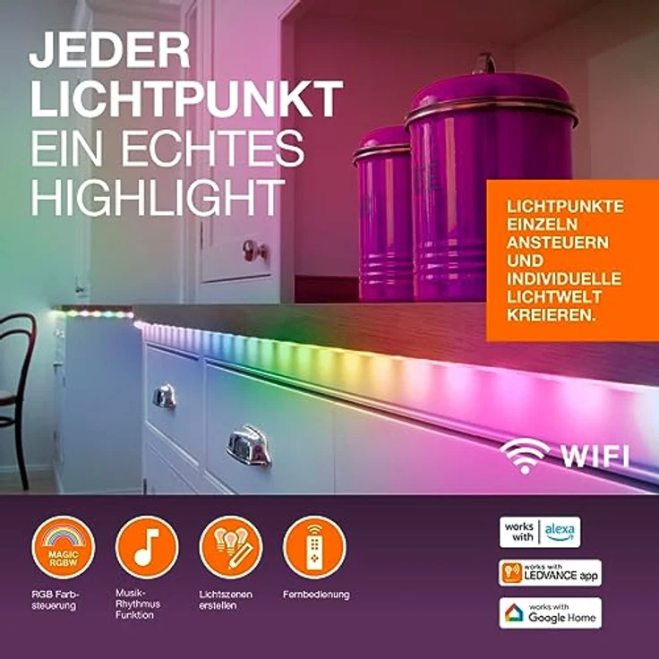 Ledvance SMART+ WIFI FLEX 3M LED-Streifen, weiß, 15W, 350lm, dimmbar, dynamisches Magic-RGB Lichteffekt, individuelle Lichtfarbenwahl, App-steuerbar, lange Lebensdauer, einfache Montage, IP20 – Bild 4