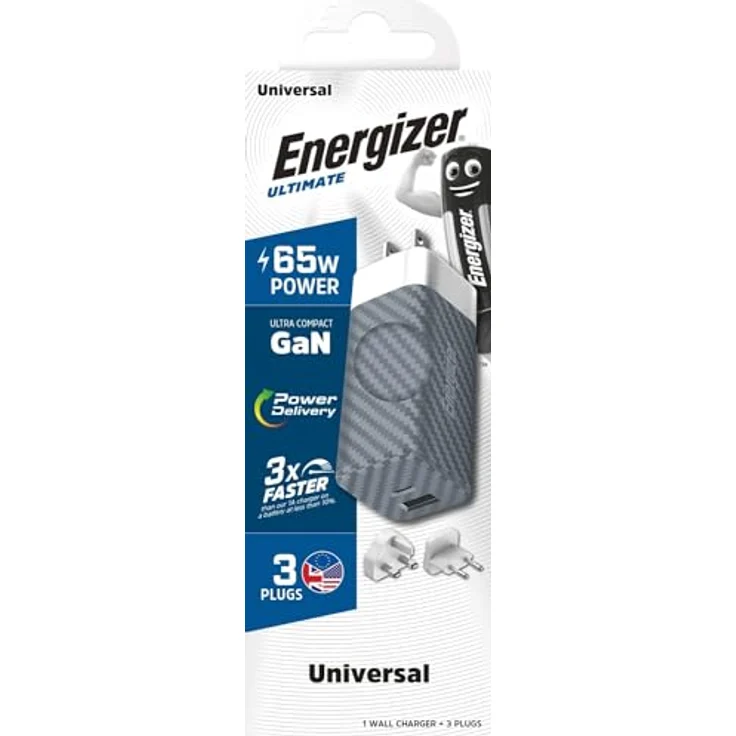 Energizer Schnellladegerät USB-A und USB-C 65 W – 3 Steckdosen im Lieferumfang enthalten (EU/US/UK) – Silber/Grau – Bild 4