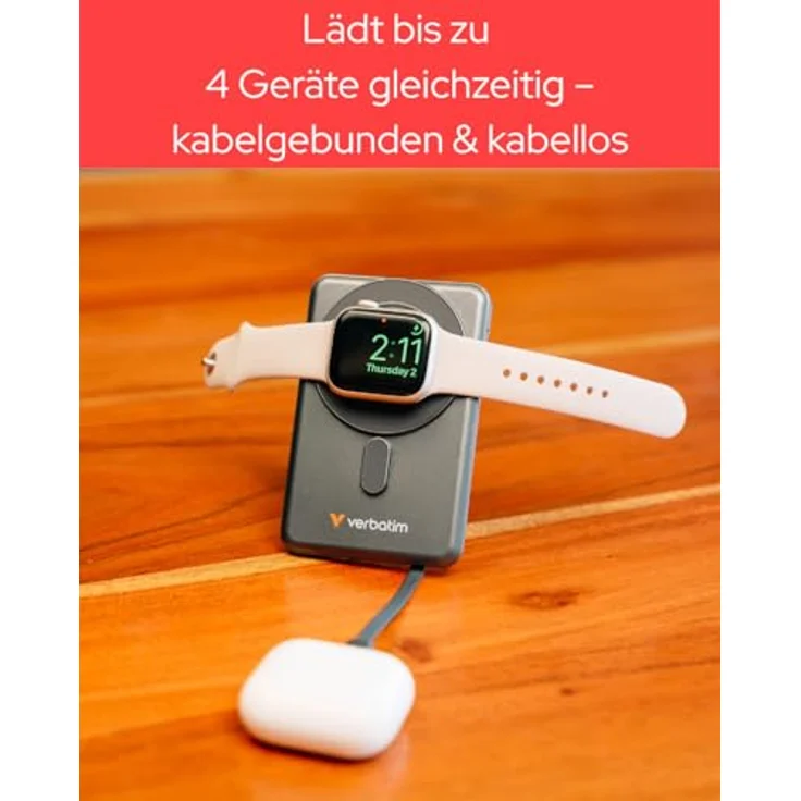 Verbatim Charge 'n' Go 2C Powerbank, 5000mAh, kabelloses Laden mit Ständer, grau – Bild 9