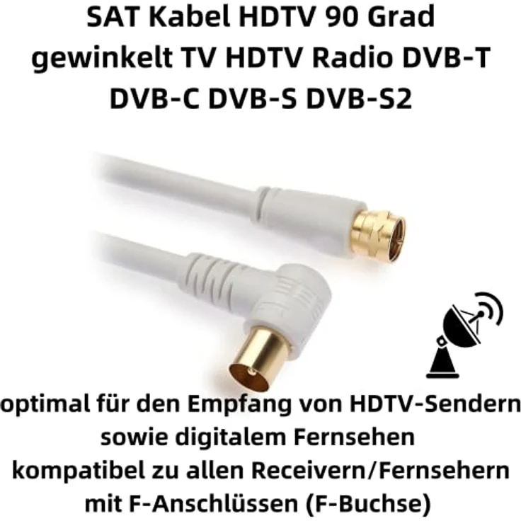 Aukson P96C Koaxial Kabel 1,5m – 90° Winkel F-Stecker auf IEC Antenne, HDTV Satellitenkabel für DVB-S/DVB-C, Weiß, hohe Signalübertragung und flexible Anwendung – Bild 2