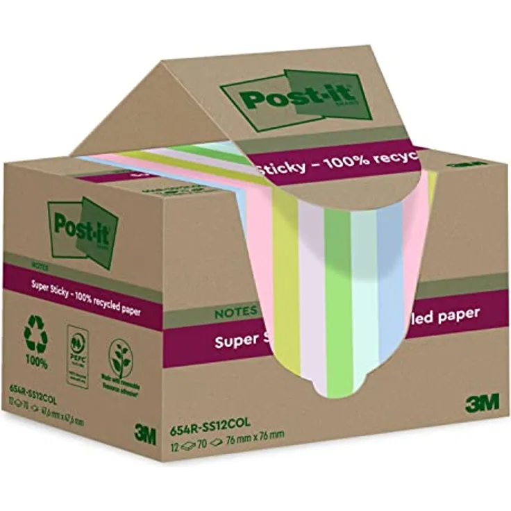 Post-it Super Sticky Recycling Notes RSS12COL, extrastarker Haftnotizblock aus 100% Recyclingpapier, leuchtende Farben