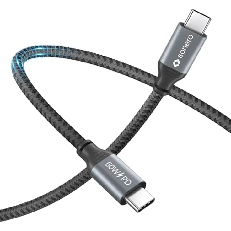 Sonero USB-C auf USB-C Ladekabel, Schnellladekabel, 60W PD, grau/schwarz – Bild 2