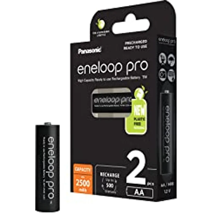 Panasonic eneloop pro, Ready-to-Use Ni-MH Akku, AA Mignon, 2er Pack, min. 2500 mAh, 500 Ladezyklen, mit extrastarker Leistung, wiederaufladbare Akku Batterie, black, BK-3HCDE/2BE