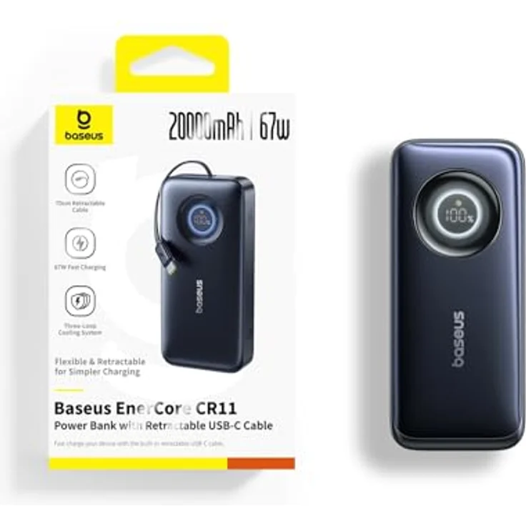 Baseus EnerCore CR11 Powerbank, 20000mAh mit einziehbarem Kabel & 67W Schnellaufladung, Schwarz – Bild 10