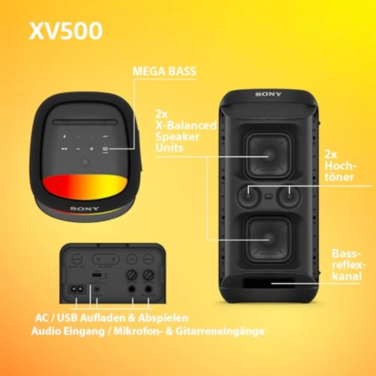 Sony SRS-XV500 - Kabelloser Bluetooth-Partylautsprecher mit kraftvollem Sound und MEGA BASS - 25 Stunden Akkulaufzeit, tragbar, LED-Beleuchtung, Party Connect, IPX4, Karaoke-Mikrofoneingänge - Schwarz – Bild 5