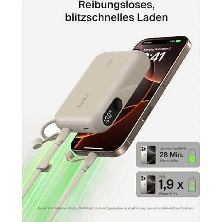 Belkin Powerbank 10.000 mAh, tragbare Ladegerät mit 2 USB-C-Anschlüssen, digitale Anzeige, 20 W Leistung für iPhone 16/15, Samsung Galaxy S25/S24, Pixel 9, iPad – Sandfarben – Bild 3