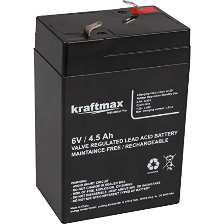 kraftmax Industrial Pro Bleiakku [6V / 4,5Ah] AGM Hochleistungs- Blei Akku der Neusten Generation, Industriequalität, Faston 4,8mm Anschluß, schwarz – Bild 2