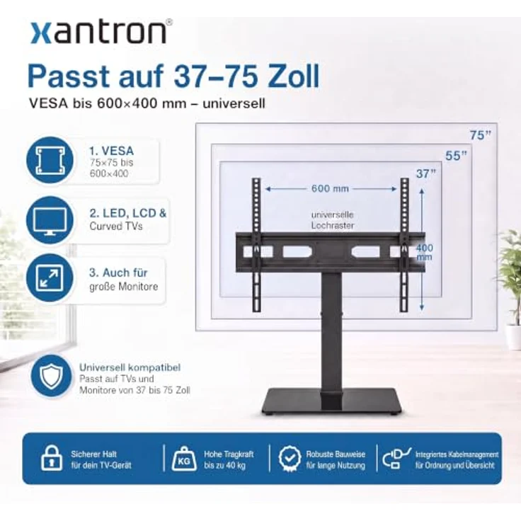 Xantron PREMIUM-TVS02, höhenverstellbarer TV Standfuß 37–75 Zoll, schwenkbar, für optimale Ergonomie – Bild 6