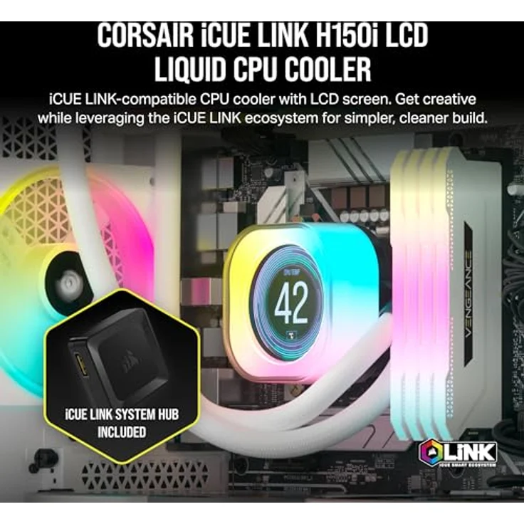 CORSAIR iCUE LINK H150i LCD-Flüssig-CPU-Kühler - 360mm AIO - QX120 RGB-Lüfter - 2,1" IPS-LCD-Bildschirm - Passend Für Intel LGA 1700, AMD AM5 - iCUE LINK System Hub im Lieferumfang Enthalten - Weiß – Bild 2