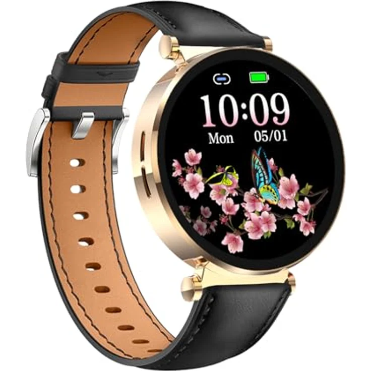 Knauermann NEO 2 (2025), Gesundheitsuhr Smartwatch in Gold Rund mit EKG, HRV, Schlafapnoe, Blutdruck und schwarzem Rindsleder Armband – Bild 3