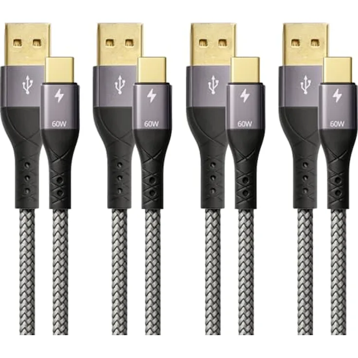 ProfiPatch USB A auf USB C Kabel Set, 60W QC 3A, 0,5m+1m+2m+3m, grau, Goldkontakt, Textil, Schnellladekabel für Notebooks, Laptops und Handys